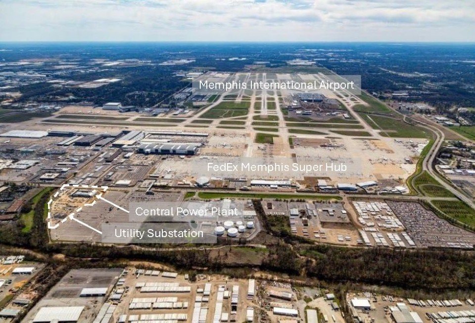 Aerial image power plant and substation site, FedEx Memphis Hub and Memphis International Airport